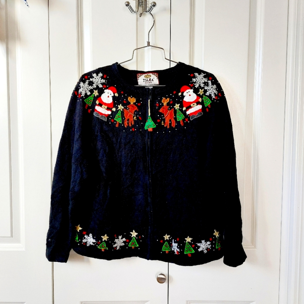 Santa Reindeer Christmas Tree‎ Snowfall Cardigan Sweater size Petite Large Tiara